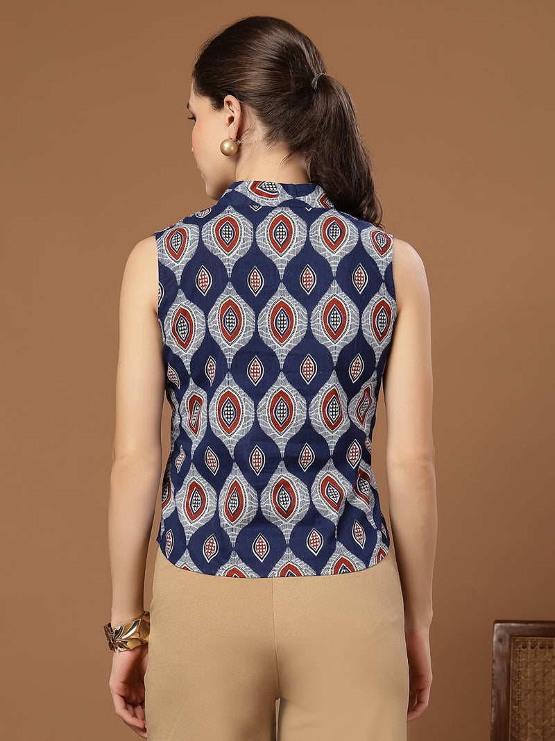 Stylum Women's Blue Ethnic Printed Cotton Vest Top (TOPBLUEBASIL)