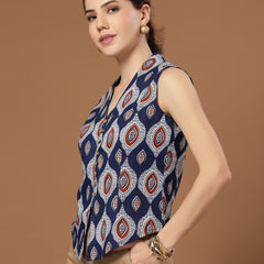 Stylum Women's Blue Ethnic Printed Cotton Vest Top (TOPBLUEBASIL)