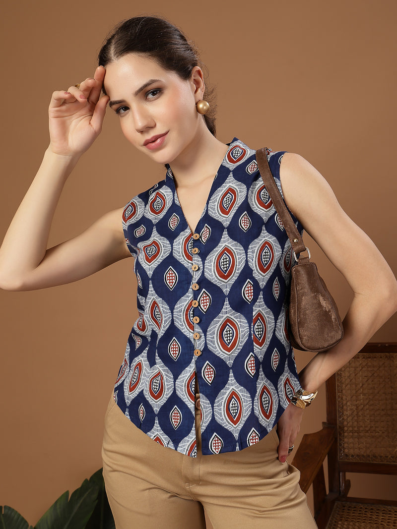 Stylum Women's Blue Ethnic Printed Cotton Vest Top (TOPBLUEBASIL)