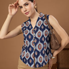 Stylum Women's Blue Ethnic Printed Cotton Vest Top (TOPBLUEBASIL)
