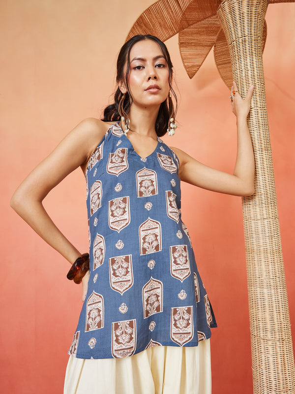 Stylum Women's Blue Ethnic Printed Cotton Straight Top (TOPBLUEBUZZ)