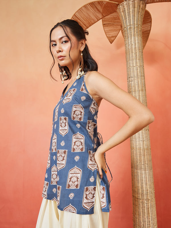 Stylum Women's Blue Ethnic Printed Cotton Straight Top (TOPBLUEBUZZ)