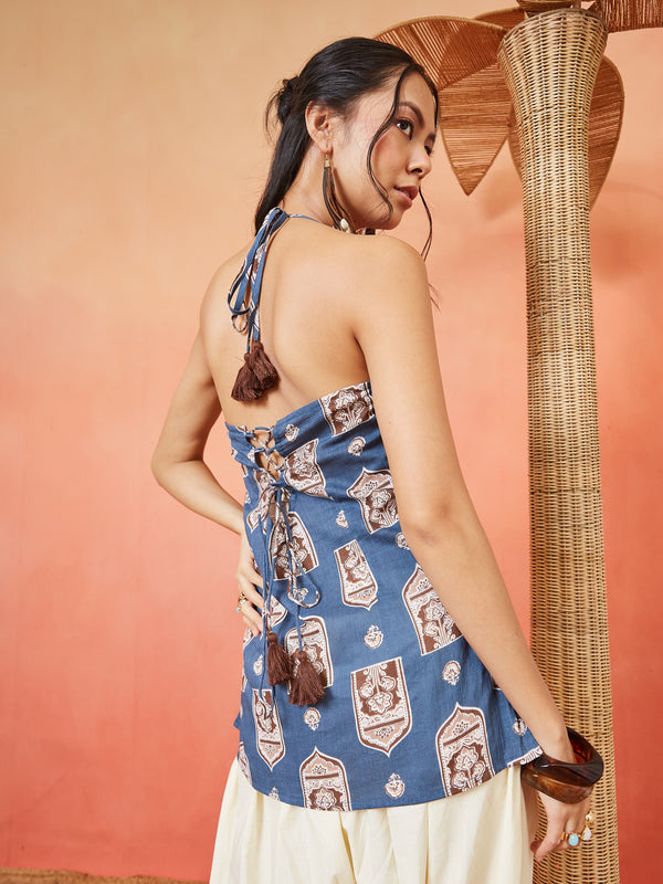 Stylum Women's Blue Ethnic Printed Cotton Straight Top (TOPBLUEBUZZ)