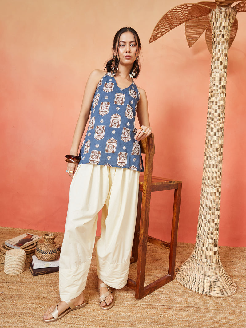 Stylum Women's Blue Ethnic Printed Cotton Straight Top (TOPBLUEBUZZ)