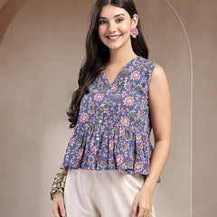 Stylum Women's Blue Floral Printed Katha Cotton Peplum Tops (TOPBLUECHIKA)