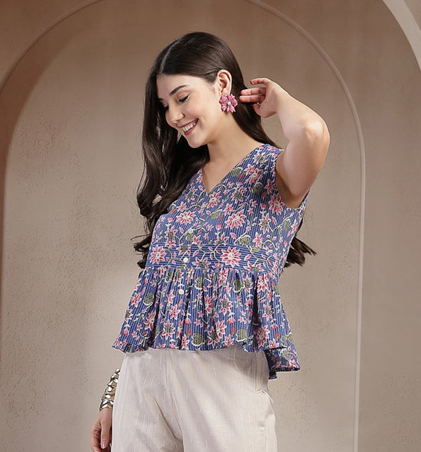 Stylum Women's Blue Floral Printed Katha Cotton Peplum Tops (TOPBLUECHIKA)