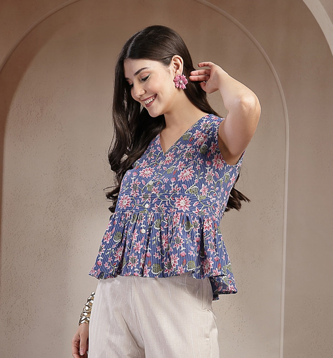 Stylum Women's Blue Floral Printed Katha Cotton Peplum Tops (TOPBLUECHIKA)