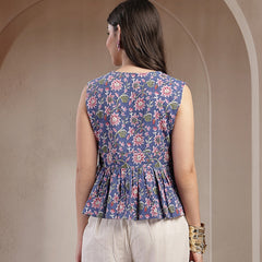 Stylum Women's Blue Floral Printed Katha Cotton Peplum Tops (TOPBLUECHIKA)