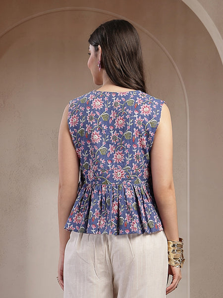 Stylum Women's Blue Floral Printed Katha Cotton Peplum Tops (TOPBLUECHIKA)