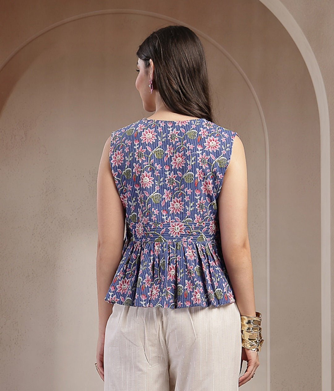 Stylum Women's Blue Floral Printed Katha Cotton Peplum Tops (TOPBLUECHIKA)