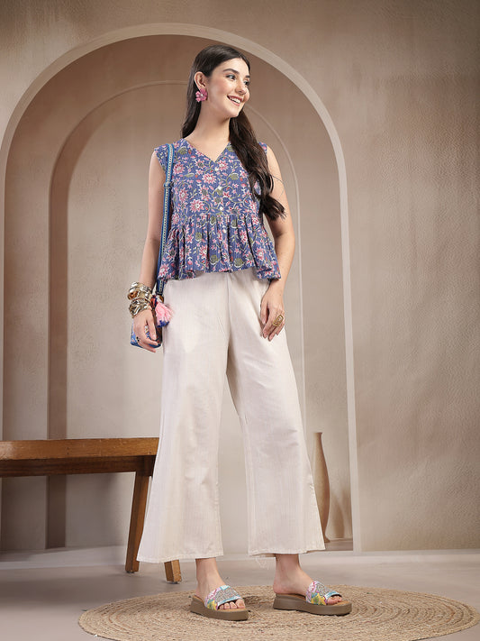 Stylum Women's Blue Floral Printed Katha Cotton Peplum Tops (TOPBLUECHIKA)