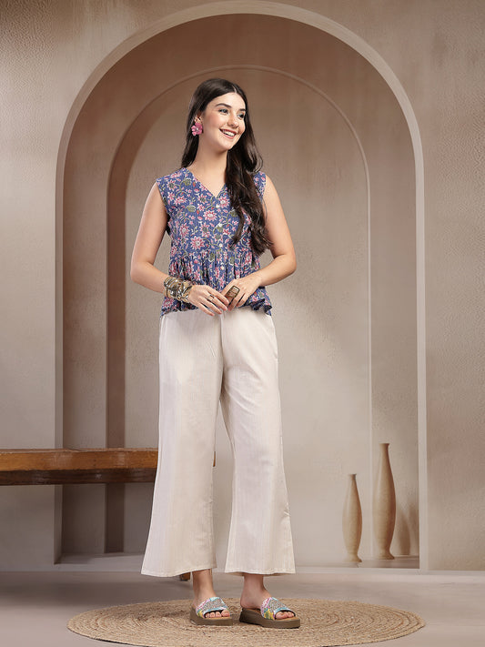 Stylum Women's Blue Floral Printed Katha Cotton Peplum Tops (TOPBLUECHIKA)