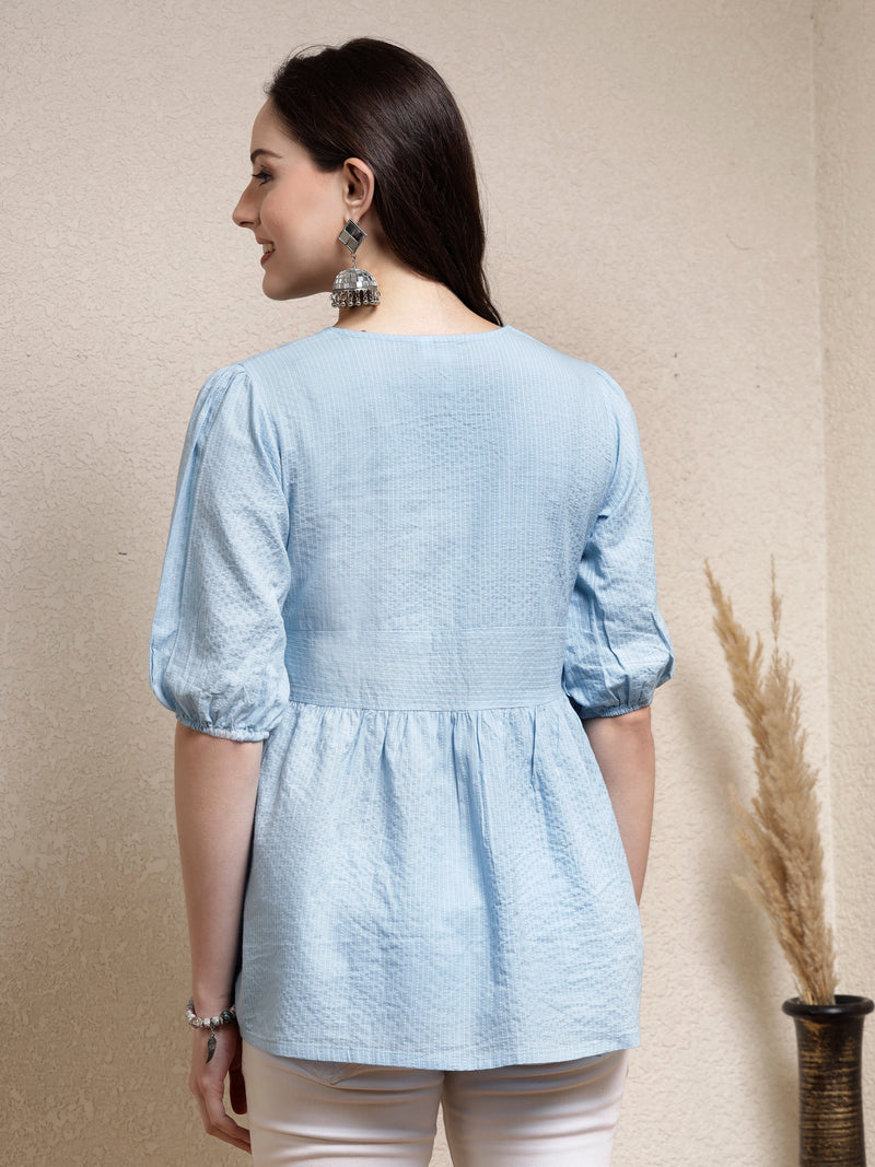 Stylum Women's Self Woven Kantha Cotton Top (TOPBLUEDAMPA)