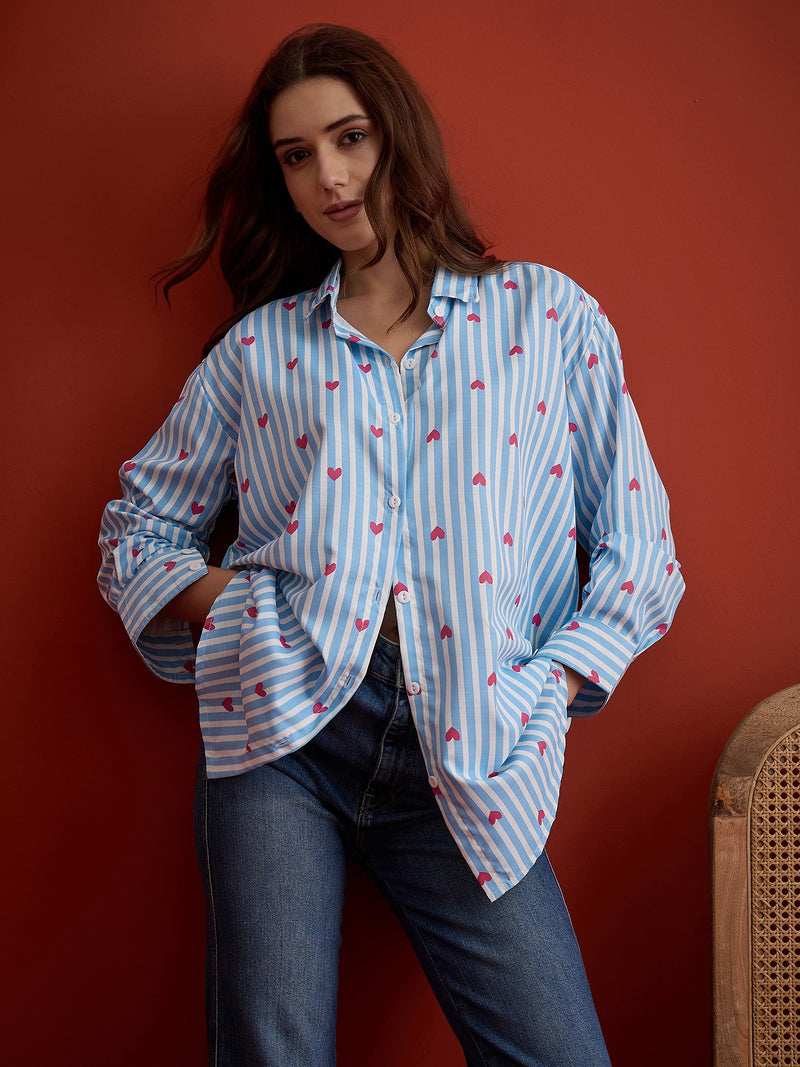 Stylum Women's Blue Striped Printed Cotton Shirt (TOPBLUEHATIM)