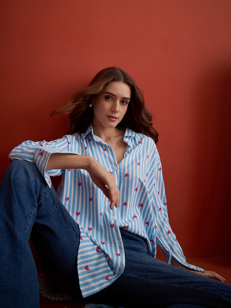 Stylum Women's Blue Striped Printed Cotton Shirt (TOPBLUEHATIM)