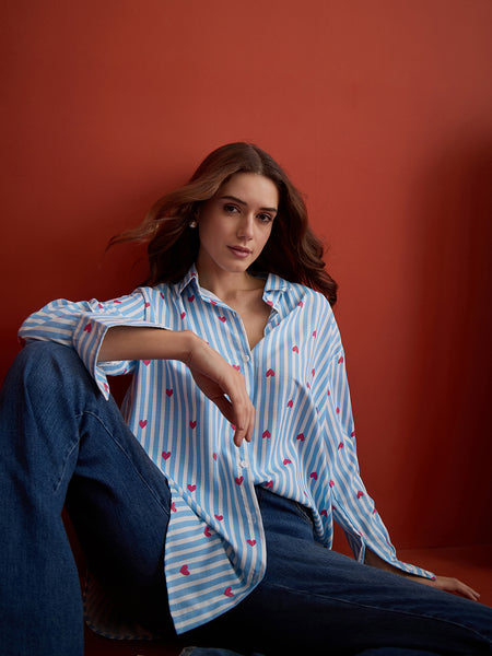 Stylum Women's Blue Striped Printed Cotton Shirt (TOPBLUEHATIM)