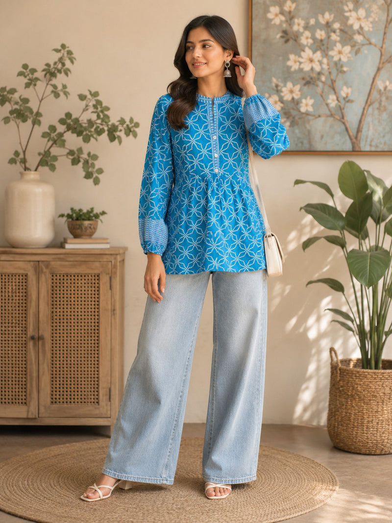 Stylum Women's Blue Bandhani Printed Rayon Empire Top (TOPBLUELUCCA)