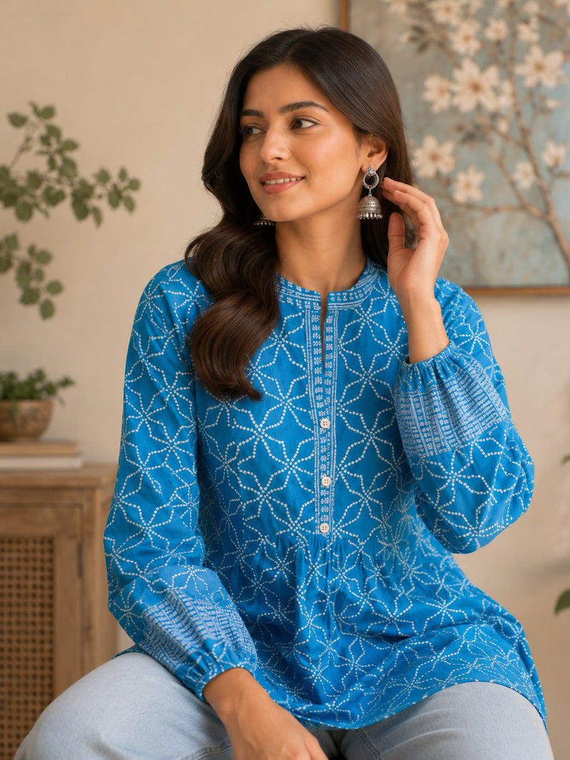 Stylum Women's Blue Bandhani Printed Rayon Empire Top (TOPBLUELUCCA)