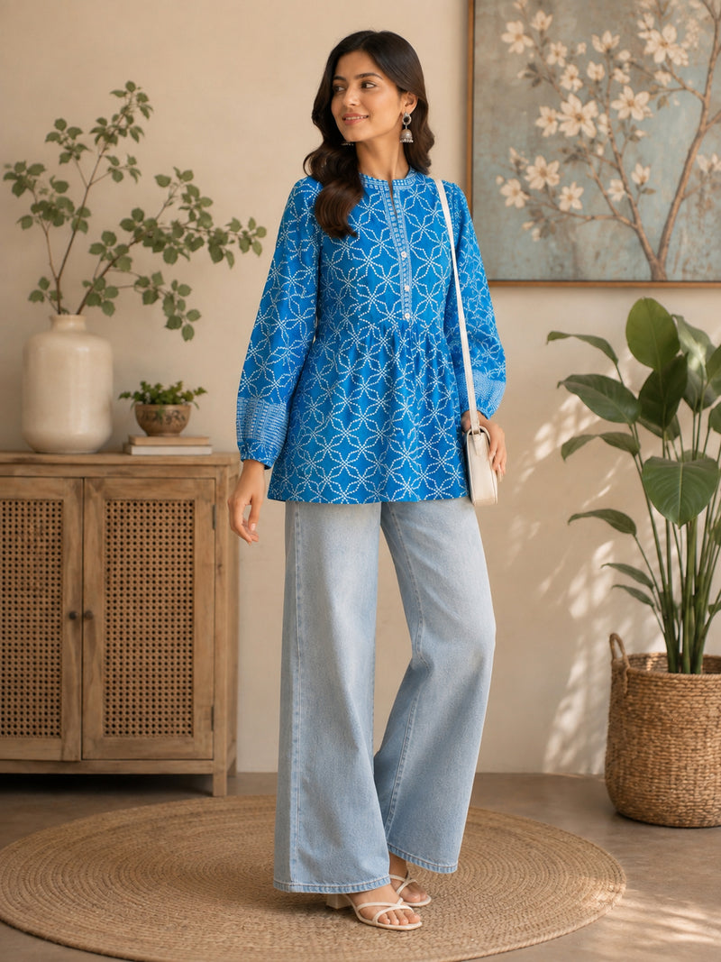 Stylum Women's Blue Bandhani Printed Rayon Empire Top (TOPBLUELUCCA)