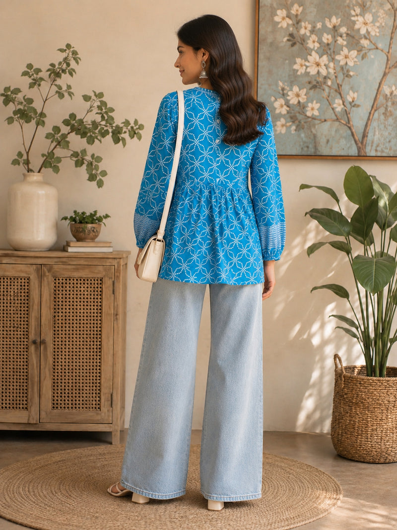 Stylum Women's Blue Bandhani Printed Rayon Empire Top (TOPBLUELUCCA)