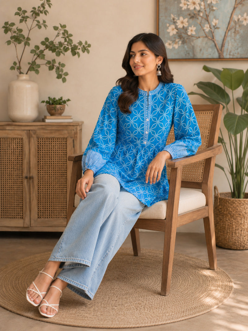 Stylum Women's Blue Bandhani Printed Rayon Empire Top (TOPBLUELUCCA)
