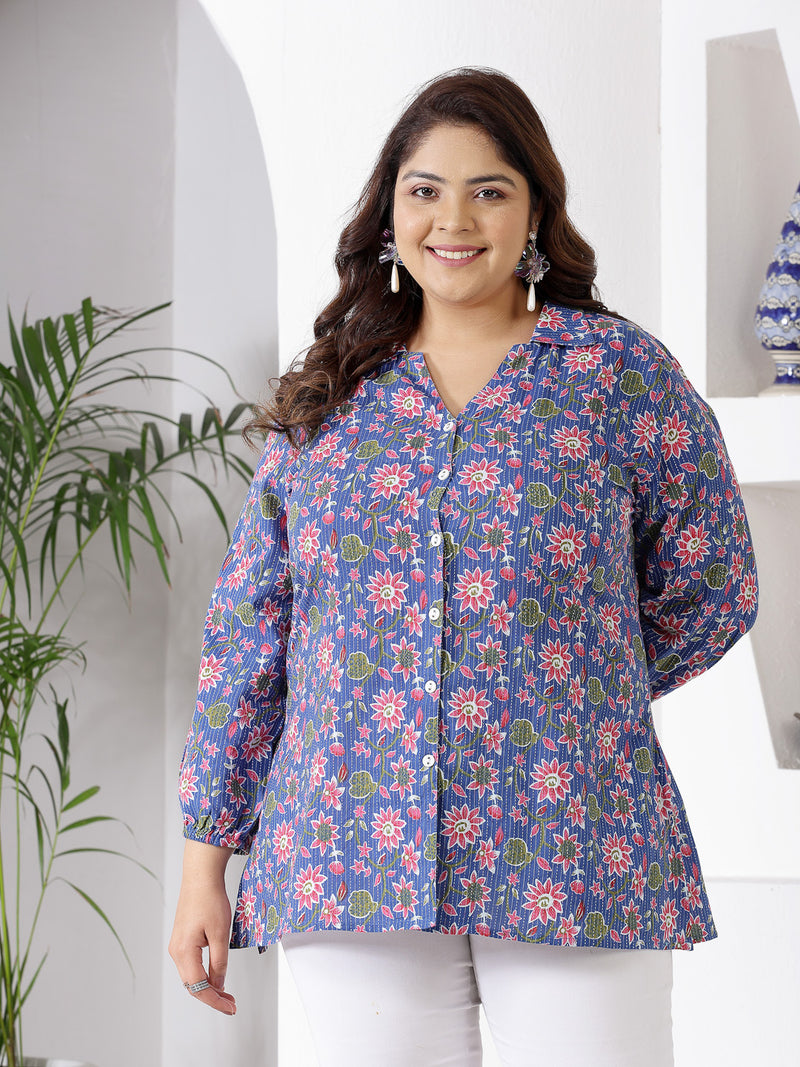 Plus Size Women's Floral Printed Cotton Shirt Style Top (TOPBLUEMIKIPLUS)
