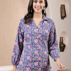 Stylum Women's Floral Printed Cotton Shirt Style Top (TOPBLUEMIKI)