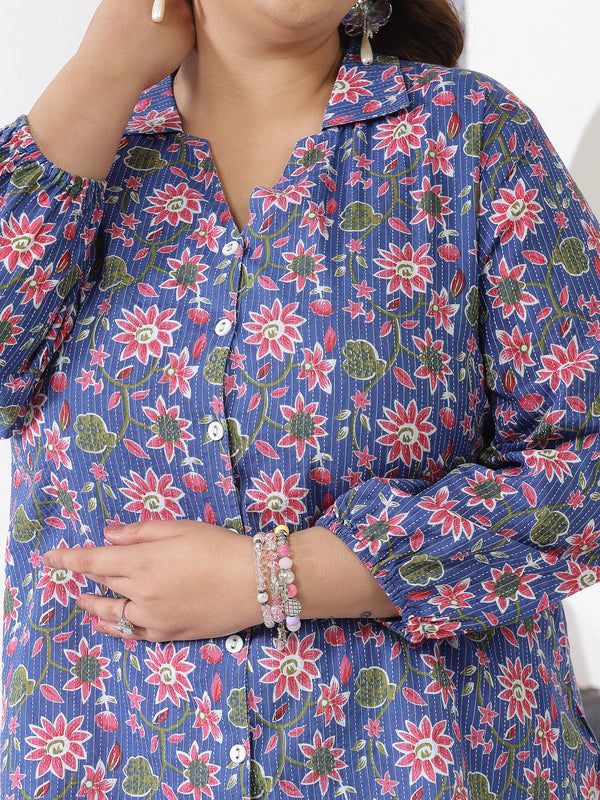 Plus Size Women's Floral Printed Cotton Shirt Style Top (TOPBLUEMIKIPLUS)
