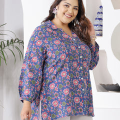 Plus Size Women's Floral Printed Cotton Shirt Style Top (TOPBLUEMIKIPLUS)