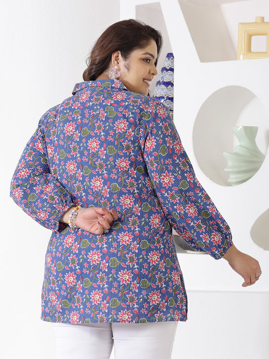 Plus Size Women's Floral Printed Cotton Shirt Style Top (TOPBLUEMIKIPLUS)