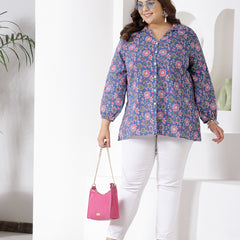 Plus Size Women's Floral Printed Cotton Shirt Style Top (TOPBLUEMIKIPLUS)