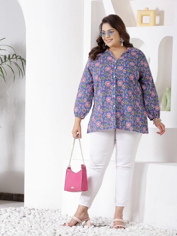 Plus Size Women's Floral Printed Cotton Shirt Style Top (TOPBLUEMIKIPLUS)