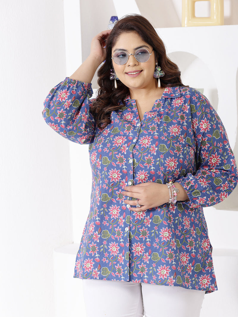 Plus Size Women's Floral Printed Cotton Shirt Style Top (TOPBLUEMIKIPLUS)