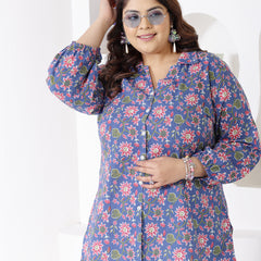 Plus Size Women's Floral Printed Cotton Shirt Style Top (TOPBLUEMIKIPLUS)