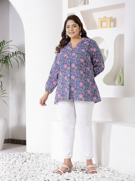 Plus Size Women's Floral Printed Cotton Shirt Style Top (TOPBLUEMIKIPLUS)