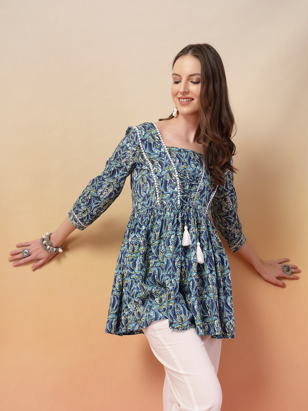 Stylum Women's Blue Floral Printed Rayon Peplum Top (TOPBLUEMUMTAZ)