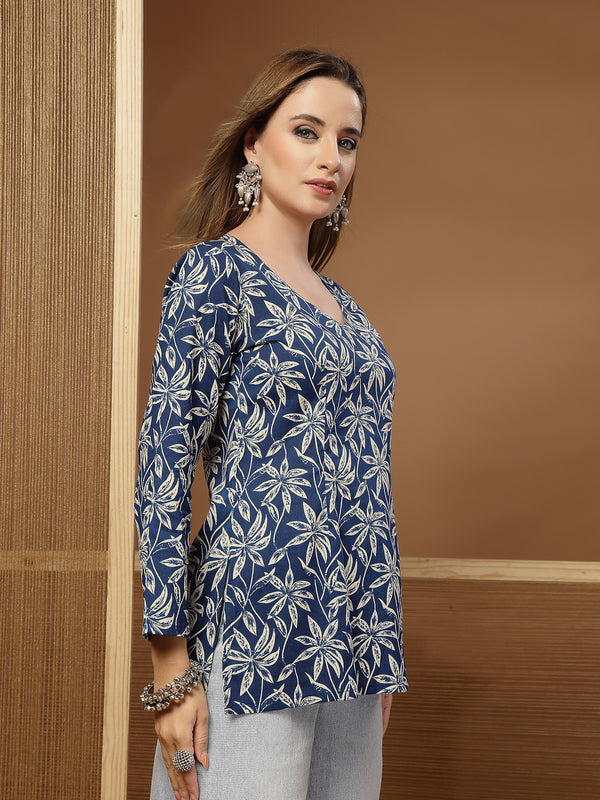 Stylum Women's Blue Floral Printed Cotton Straight Top (TOPBLUESCAR)