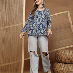 Stylum Women's Blue Floral Printed Cotton Straight Top (TOPBLUESCAR)