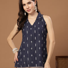 Stylum Women's Navy Blue Geometric Printed Cotton Straight Top (TOPBLUESLAY)