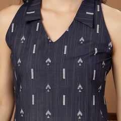 Stylum Women's Navy Blue Geometric Printed Cotton Straight Top (TOPBLUESLAY)