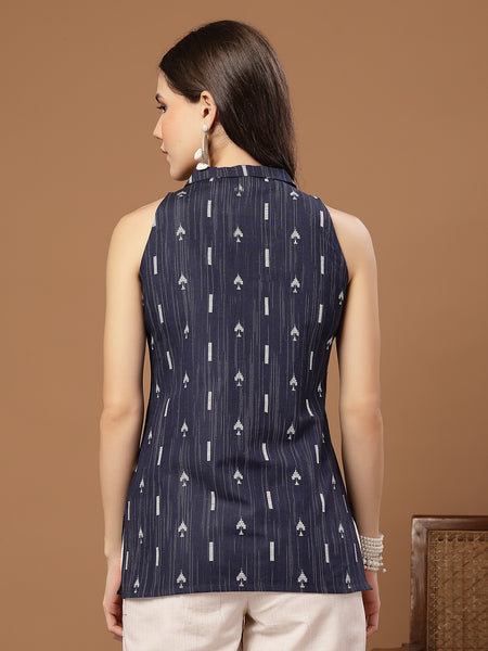 Stylum Women's Navy Blue Geometric Printed Cotton Straight Top (TOPBLUESLAY)
