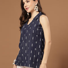 Stylum Women's Navy Blue Geometric Printed Cotton Straight Top (TOPBLUESLAY)