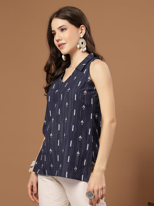 Stylum Women's Navy Blue Geometric Printed Cotton Straight Top (TOPBLUESLAY)