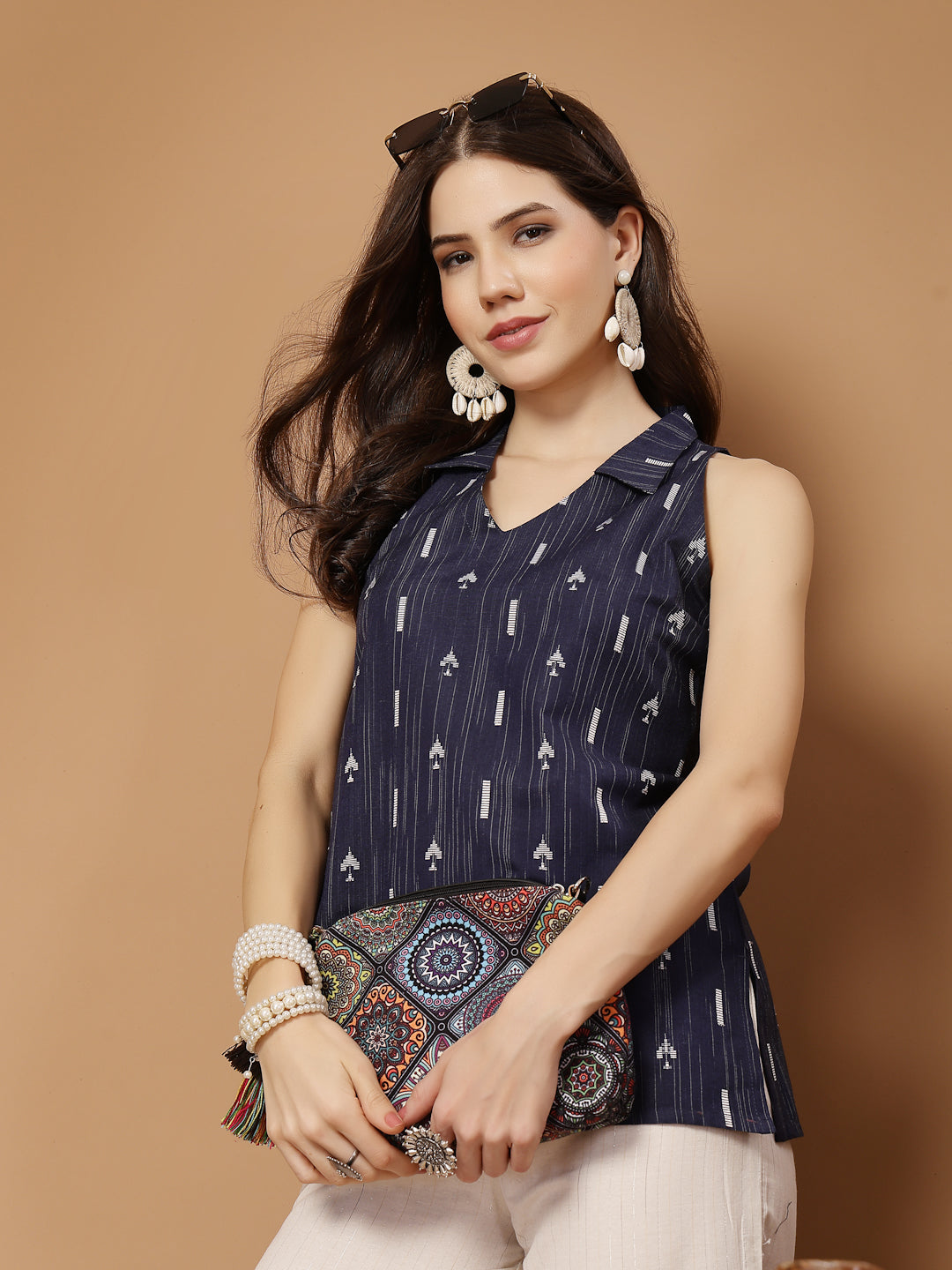 Stylum Women's Navy Blue Geometric Printed Cotton Straight Top (TOPBLUESLAY)