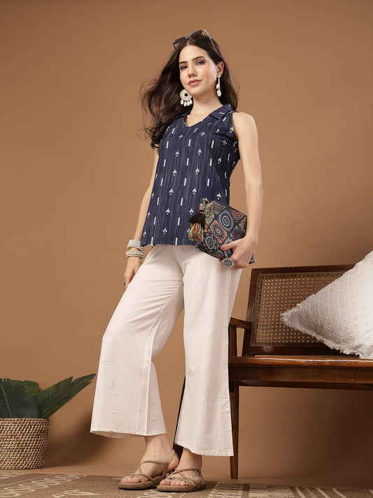 Stylum Women's Navy Blue Geometric Printed Cotton Straight Top (TOPBLUESLAY)