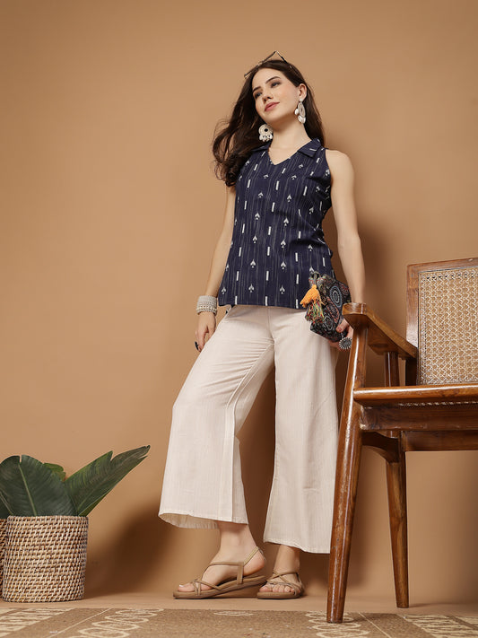 Stylum Women's Navy Blue Geometric Printed Cotton Straight Top (TOPBLUESLAY)