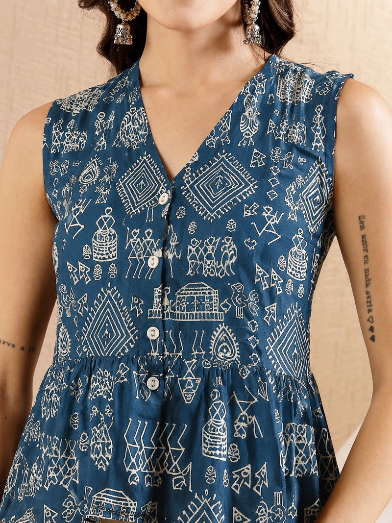 Stylum Women's Blue Warli Tribal Printed Rayon Peplum Top (TOPBLUESUKKHI)