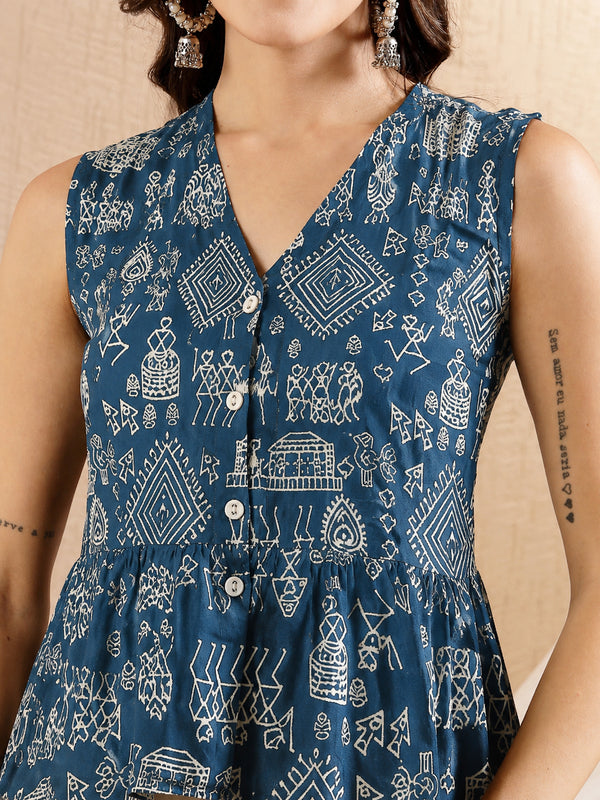 Stylum Women's Blue Warli Tribal Printed Rayon Peplum Top (TOPBLUESUKKHI)