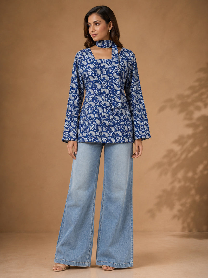 Stylum Women's Blue Paisley Printed Cotton Straight Top (TOPBLUETRUNK)