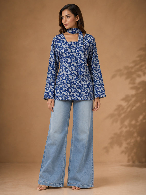 Stylum Women's Blue Paisley Printed Cotton Straight Top (TOPBLUETRUNK)